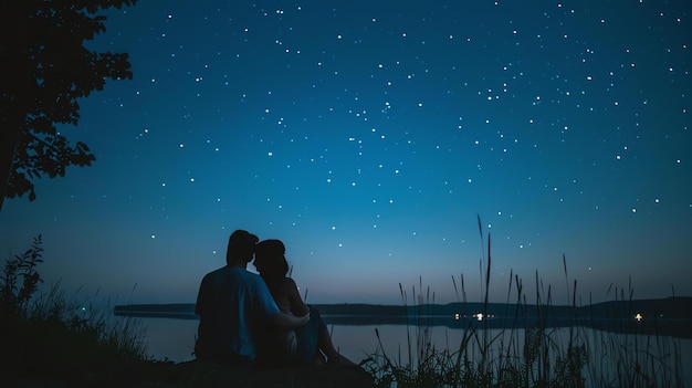 Silueta de una pareja sentada junto al lago bajo un cielo estrellado