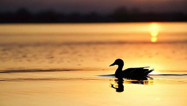 La silueta del pato en el agua al atardecer ver el diseño del paisaje