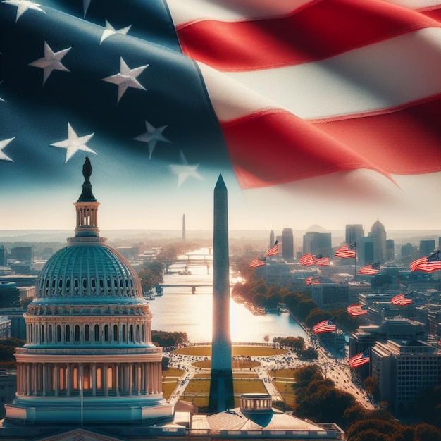 silueta patriótica el sorprendente contraste de la bandera estadounidense contra el Monumento a Washington