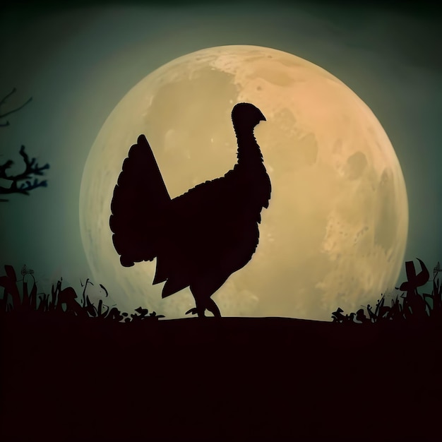 Una silueta de un pavo con una luna llena detrás.