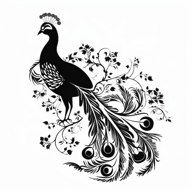 Foto una silueta de pavo real blanco y negro con un diseño floral