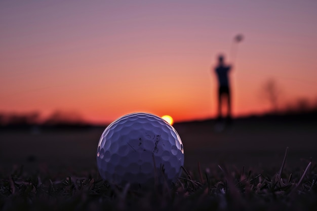 Foto silueta de una pelota de golf contra la puesta de sol con un jugador en la distancia