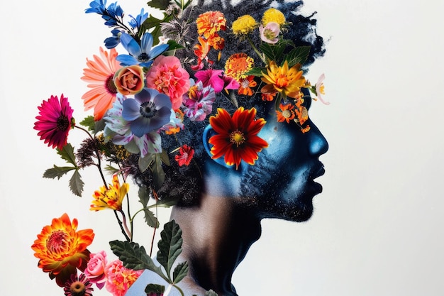 Silueta de perfil llena de flores vibrantes que muestran una mezcla de naturaleza y creatividad