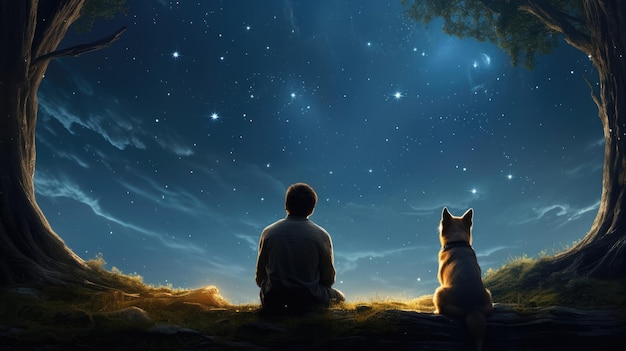 Silueta de perro y niños contemplando las estrellas en el tranquilo cielo nocturno