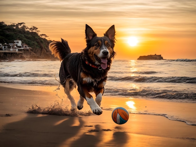 Una silueta de un perro en la playa con alegría
