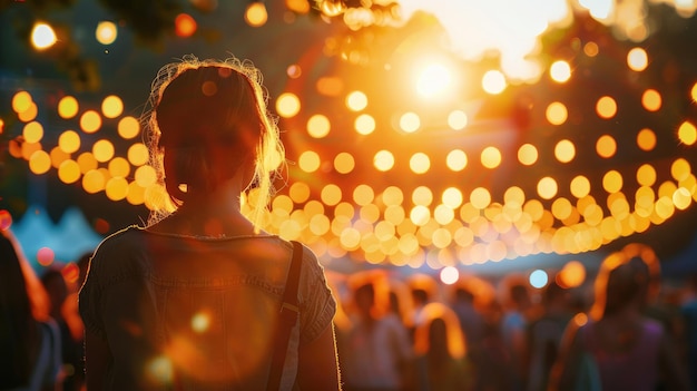 Silueta de una persona al atardecer con luces festivas