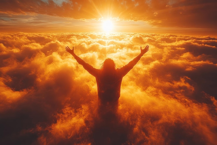 Foto silueta de una persona con los brazos levantados en las nubes durante la puesta del sol