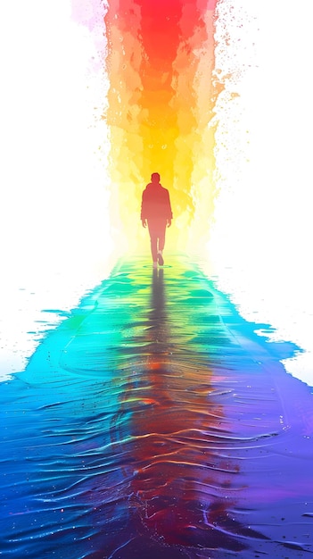 Foto silueta de persona caminando hacia la luz del arco iris ia generativa