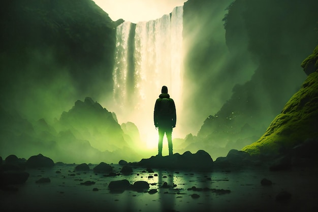 Silueta de una persona contemplando la poderosa cascada de Skogafoss cae en medio de la niebla y el bosque verde lluvioso con musgo