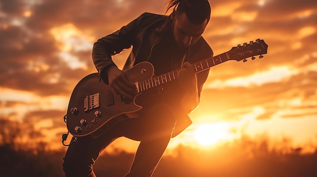 silueta de una persona con una guitarra un músico tocando apasionadamente la guitarra durante AI Generate