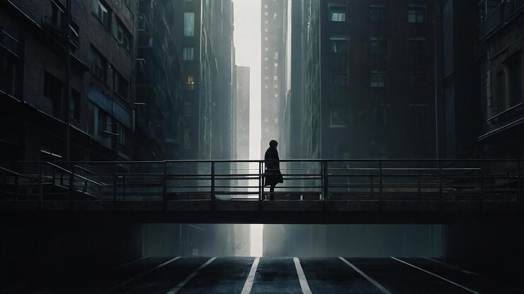 una silueta de una persona en una habitación oscura con un horizonte de la ciudad en el fondo