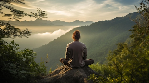 silueta de una persona meditando en la montaña