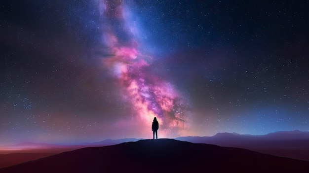 una silueta de una persona mirando la impresionante Vía Láctea ilumina el cielo nocturno