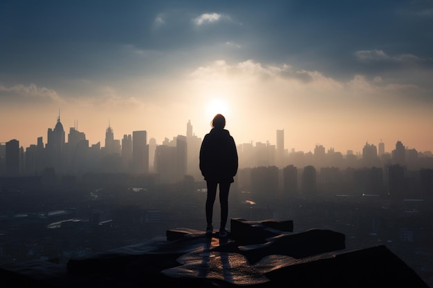 La silueta de una persona parada en la azotea de una ciudad y mirando el horizonte que representa la vida urbana