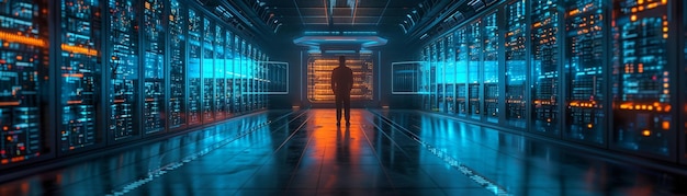 Foto silueta de persona en el pasillo del centro de datos con servidores brillantes la silueta de una persona de pie