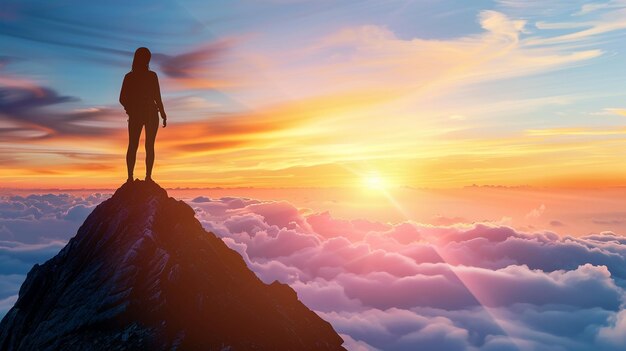 Foto una silueta de una persona de pie en la cima de una montaña mirando una puesta de sol