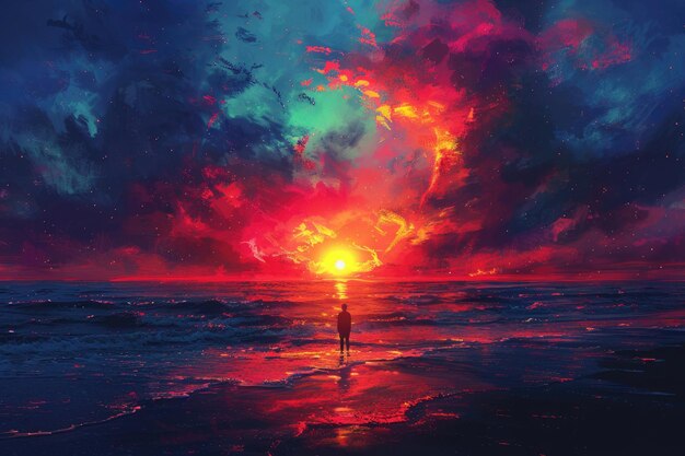 Una silueta de una persona de pie en una playa viendo la puesta de sol