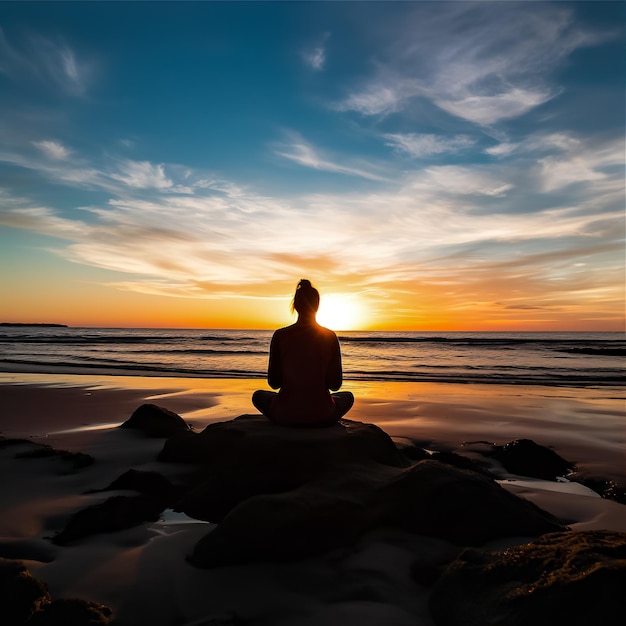 una silueta de una persona en la playa meditando