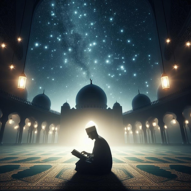 Foto una silueta de una persona recitando el corán en la mezquita en la noche de ramadán llena de estrellas