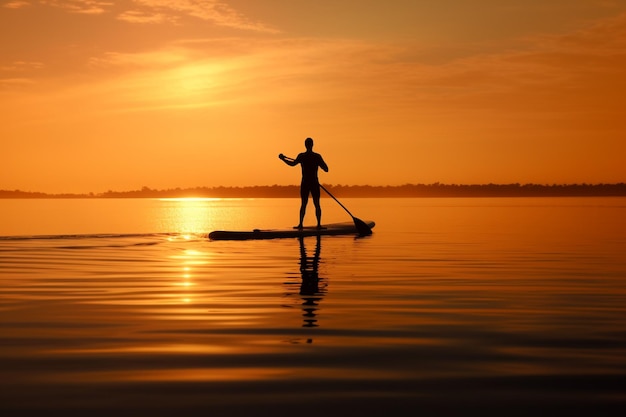 Silueta de una persona remando al amanecer o al atardecer de verano