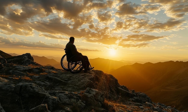 Silueta de una persona en silla de ruedas en la cima de una montaña