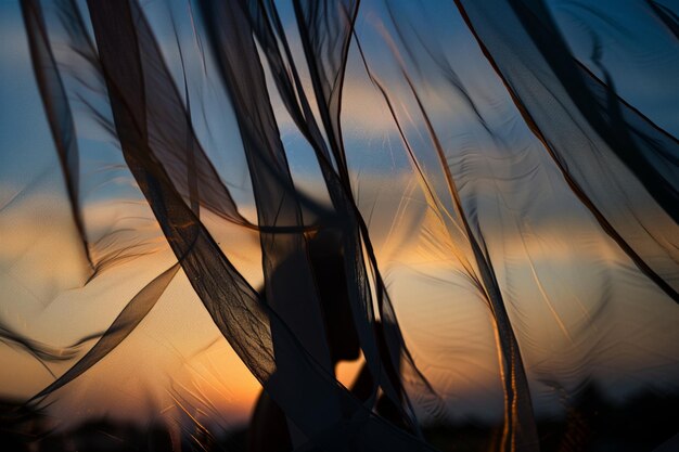 Foto silueta de una persona a través de la tela de un mosquitero al atardecer