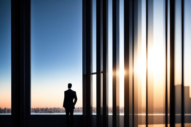 silueta de una persona en la ventana Empresario CEO Edificio de oficinas ejecutivas Archit corporativo