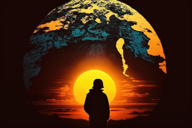 Una silueta de una persona viendo salir el sol sobre un globo terráqueo creado con IA generativa