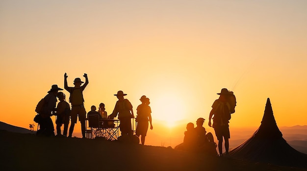 Una silueta de personas del grupo se divierten en la cima de la montaña cerca de la carpa durante la puesta de sol