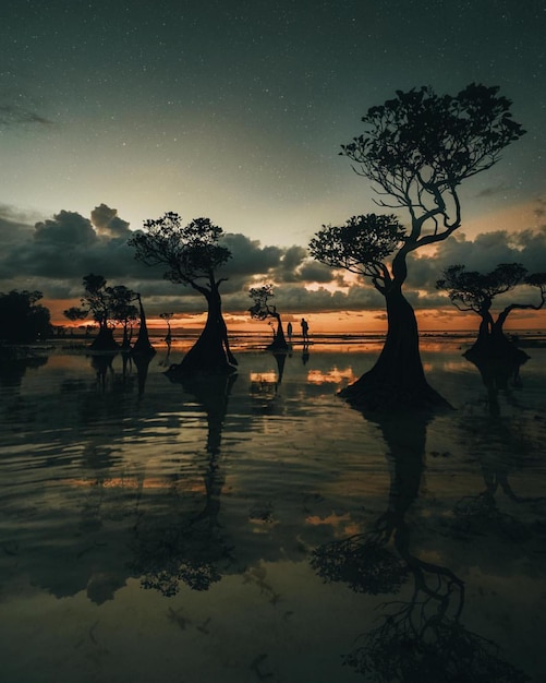 Silueta de personas junto al lago contra el cielo durante la puesta de sol