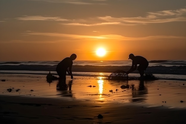 Silueta de personas recogiendo basura en la playa por la noche al atardecer