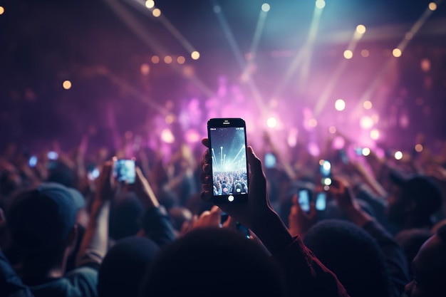 Silueta de personas con teléfono en una multitud de luces de un concierto de música muestran el festival de actuación al aire libre