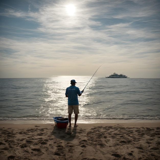Silueta de pescador junto a la playa en el estrecho de Malaca