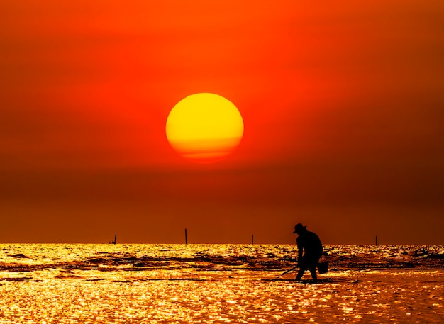 silueta del pescador en el mar en puesta de sol