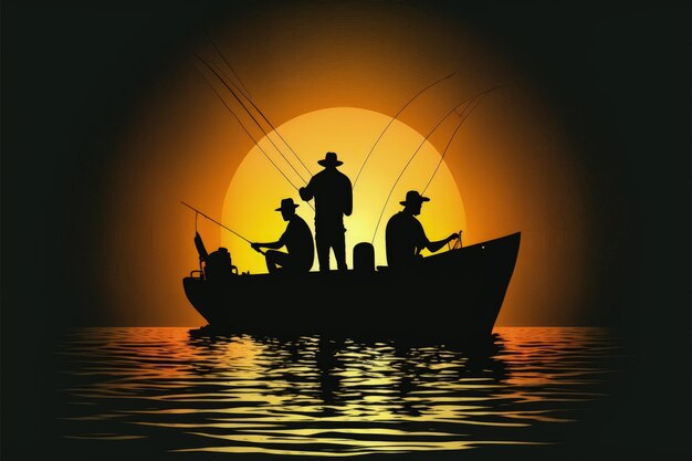 Silueta de pescadores con caña de pescar en el barco y la gran luna en el fondo Concepto de fantasía Pintura de ilustración IA generativa