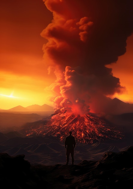 Foto silueta de pie humano frente a un volcán activo con naturaleza de humo