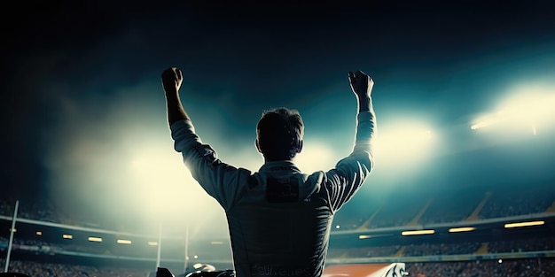 Silueta de un piloto de carreras celebrando la victoria en una carrera contra el telón de fondo de las luces brillantes del estadio