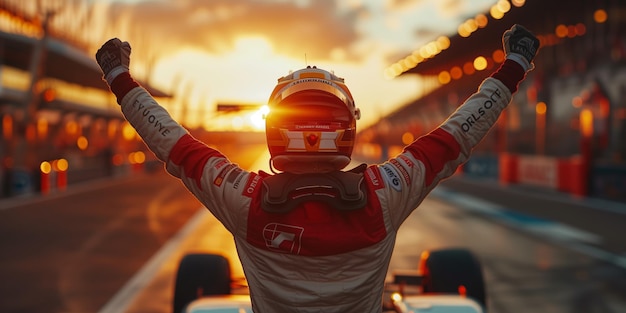 Foto silueta de un piloto de carreras celebrando la victoria en una carrera