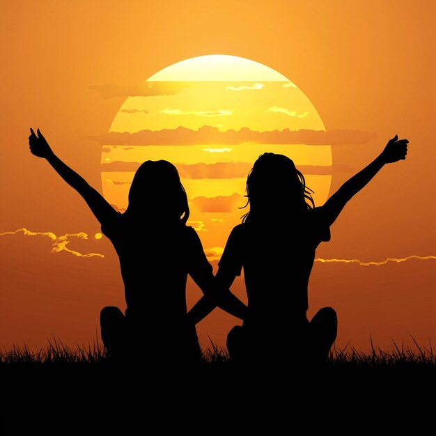 Foto la silueta de la puesta de sol en el día de la amistad dos chicas saludando con la hermosa vista del cielo rojo naranja