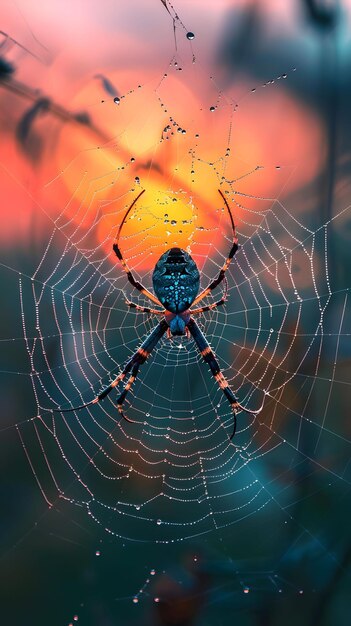 La silueta de la puesta de sol a través de la tela de araña