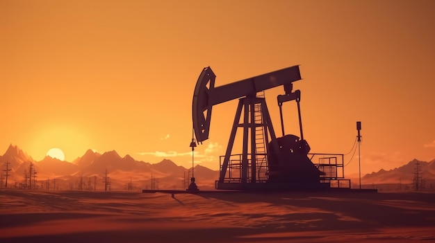 Una silueta de pumpjack de petróleo crudo al atardecer