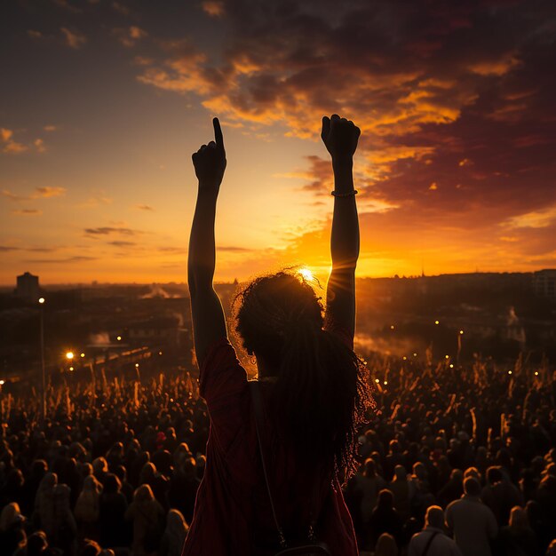 Silueta de puño para la marcha del día de la mujer puesta de sol multicultural demostración del poder de las mujeres