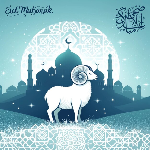 Foto silueta de ram eid mubarak con el fondo de la mezquita