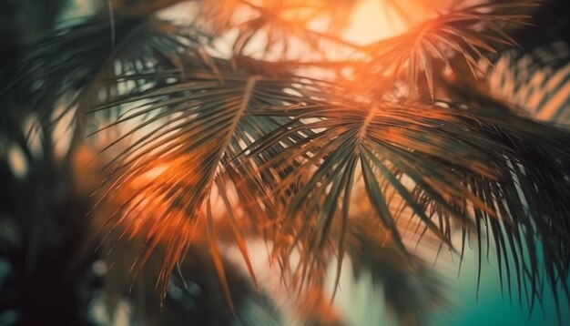 Silueta de rama de palmera contra el vibrante cielo del atardecer generado por inteligencia artificial