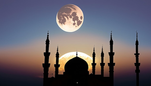 Foto una silueta realista de la luna y la mezquita en la vista del cielo