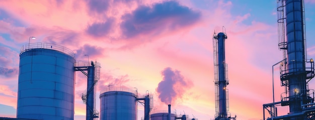 Silueta de una refinería de petróleo al atardecer con un cielo de colores