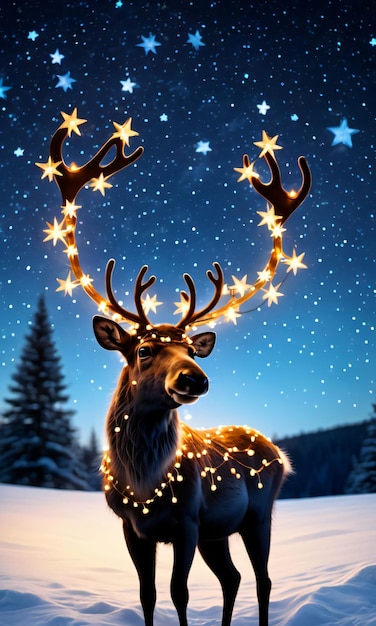 Foto una silueta de reno con un telón de fondo estrellado y una brillante luz navideña