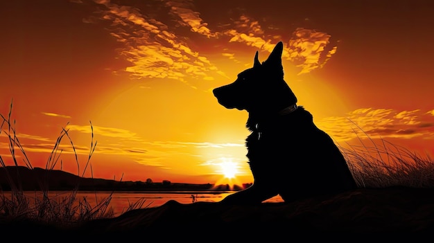 Silueta de un retrato de animal de perro durante la puesta de sol