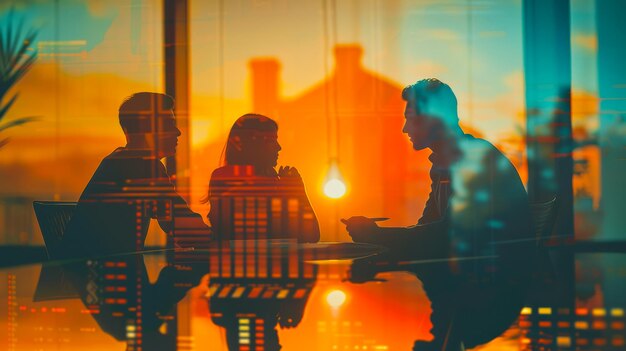 Silueta de una reunión de equipo con vista de la oficina al atardecer