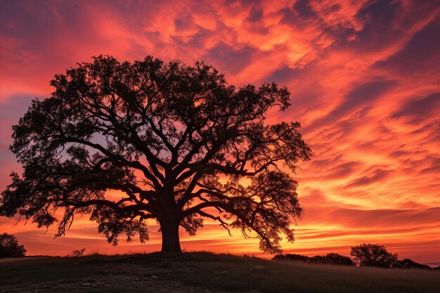 La silueta de un roble contra un colorido cielo al atardecer